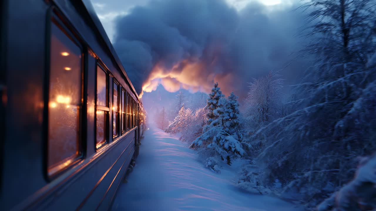 A Majestic Journey Through a Snow-Covered Landscape: The Beauty of Winter Train Travel as Steam Billows Into the Frosty Air Amidst Glittering Snow and Lush Frosted Trees