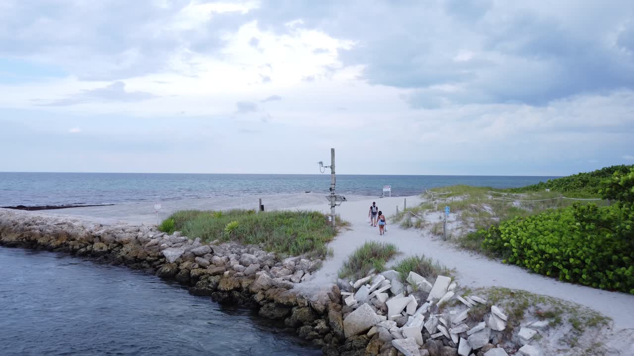 해변을 향해 걸어가는 두 명의 방문자의 공중 드론 샷