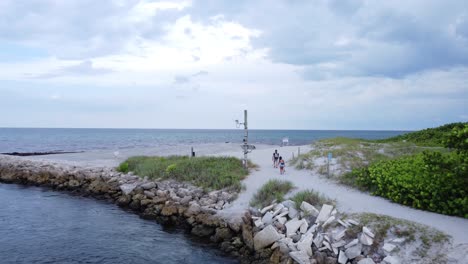 aerial drone shot of a couple of visitors walking towards the beach
