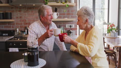 Senior-Caucasian-couple-drinking-a-beverage-together-at-home