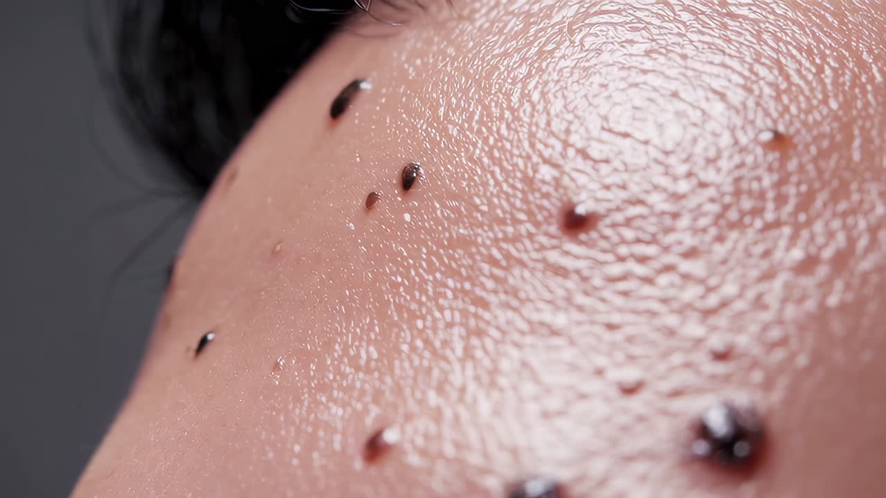 Close-up of human skin with numerous dark moles or lesions