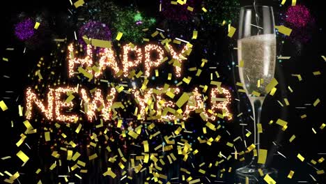 Animation-of-happy-new-year-text-greetings-over-confetti,-glass-of-champagne-and-fireworks
