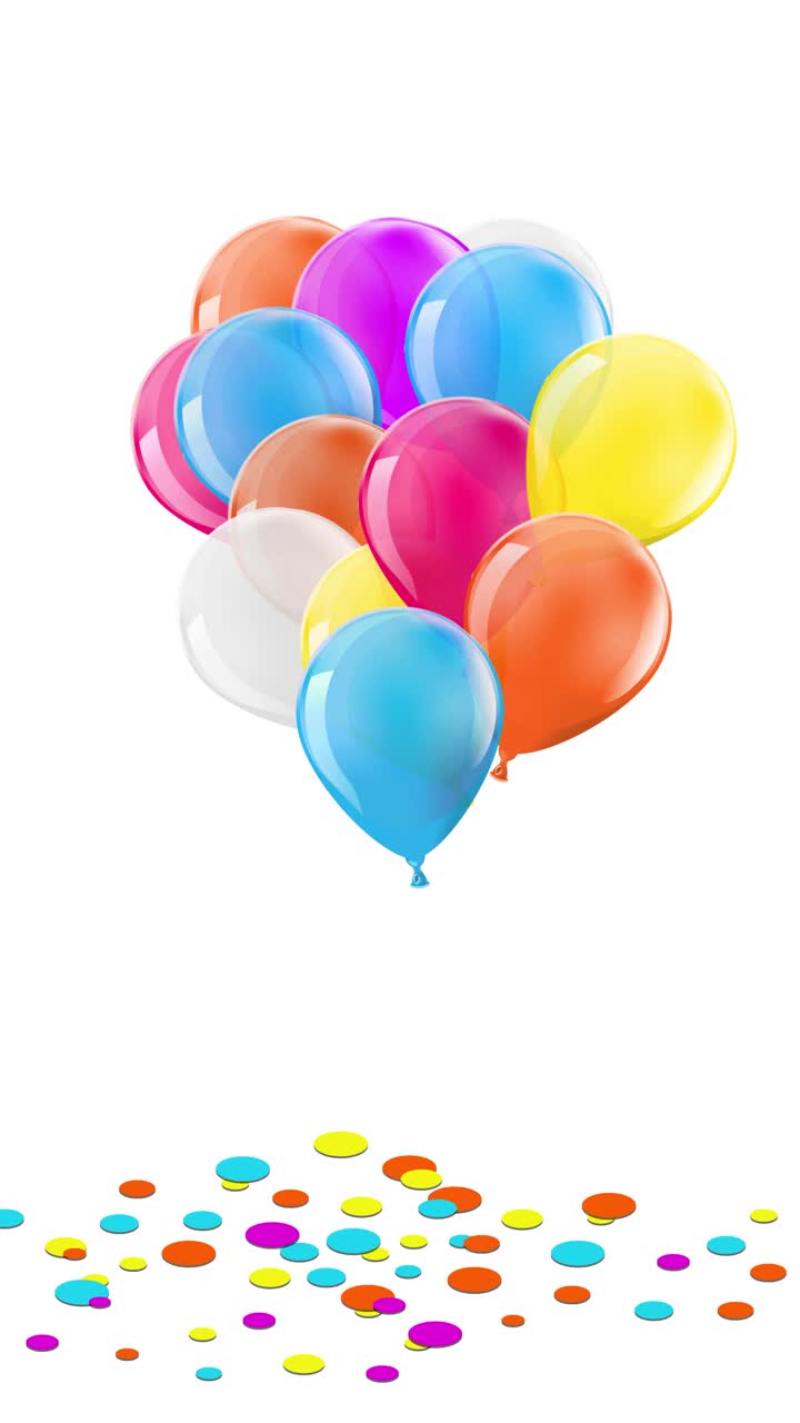 A seamlessly looping 3D animation CGI render of vibrant party balloons rising with confetti scattering beneath. Ideal video footage for celebrations, birthdays, promotions, and backgrounds