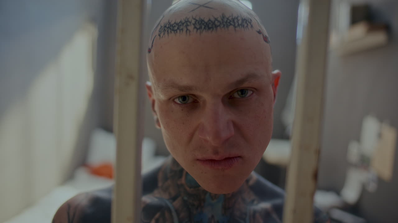 Portrait of Tattooed Inmate with Evil Look Staring through Prison Cell Bars