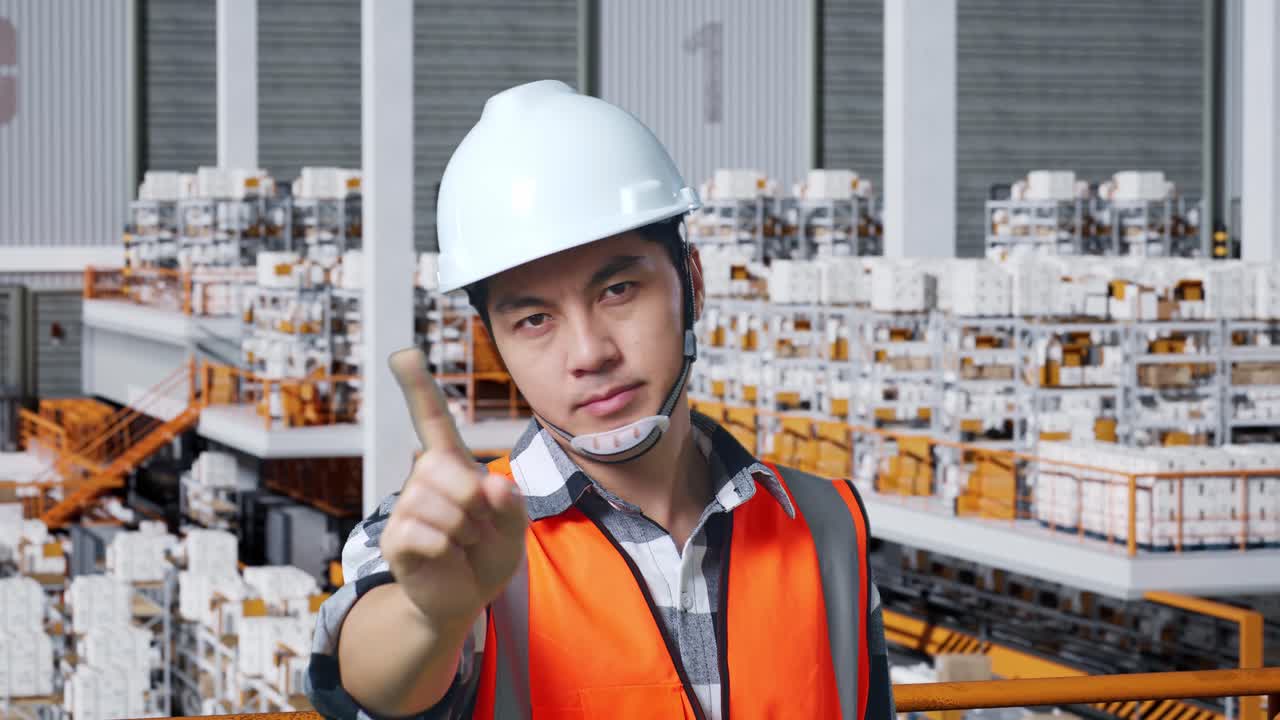 안전 헬을 입은 아시아 남성 엔지니어의 근접 사진. 배달품으로 가득 찬 선반과 함께 창고에 서 있는 동안 지표손가락 표시 없이 불쾌감을 표한다.