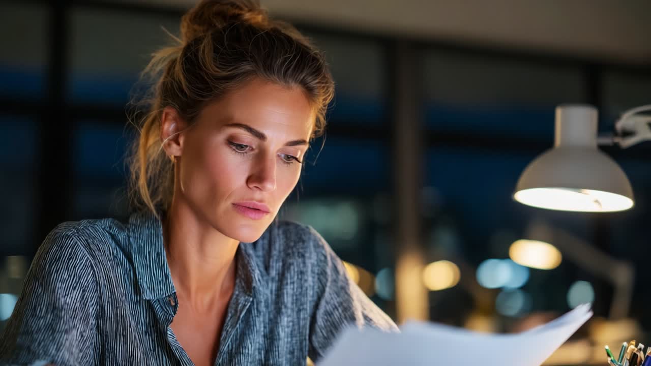 A focused woman studying documents under warm indoor lighting, embodying dedication and concentration amidst a serene evening environment, revealing the importance of her work and the clarity of her intentions