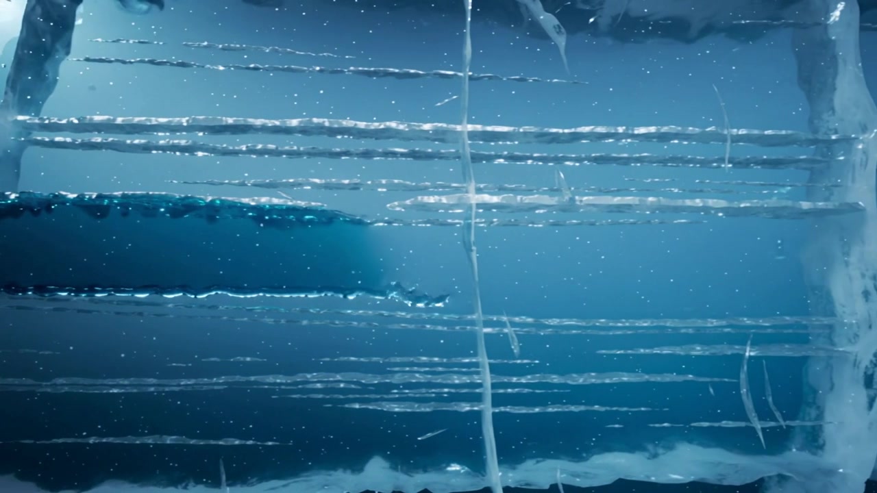 Showing ice lattice responding to freezing air, forming frost at close-up, with falling particles