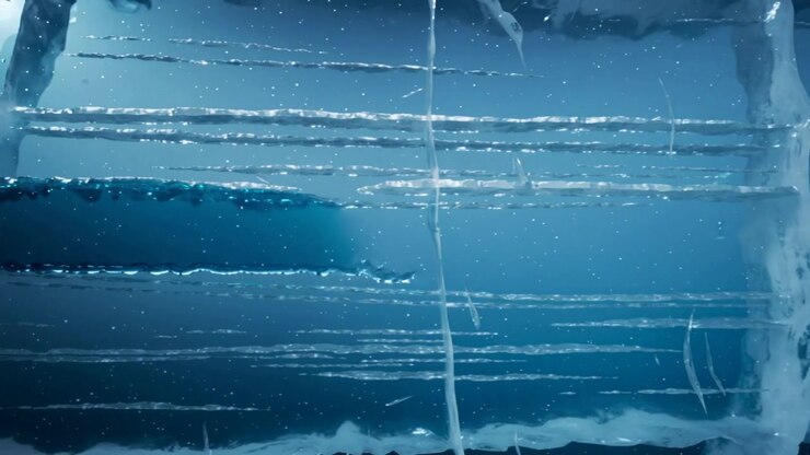 Showing ice lattice responding to freezing air, forming frost at close-up, with falling particles
