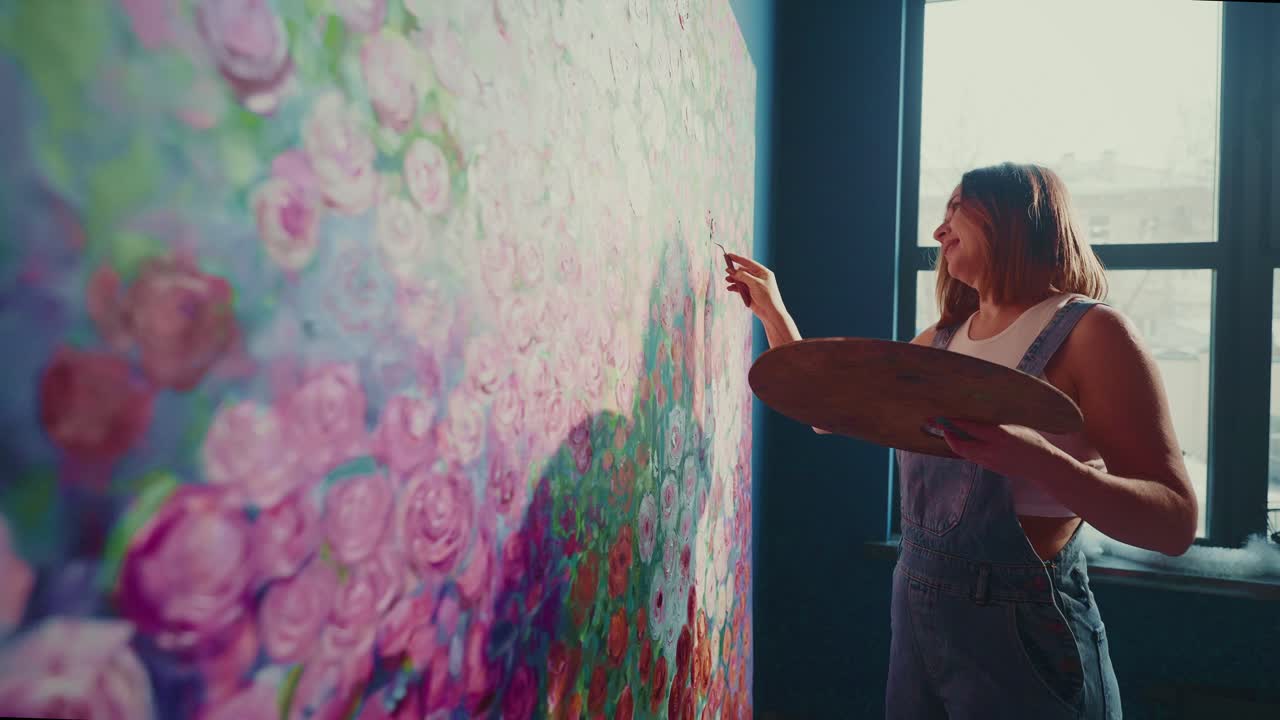 Jovem Artista Pintando Grande Tela Floral no Estúdio