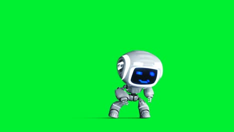 animación de robot de juguete blanco sonriente. desenfoque de movimiento físico. animación realista en pantalla verde 4k. pantalla verde