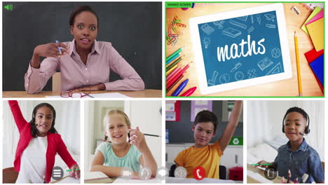 animation of six screens of diverse children, teacher and maths text during online school lesson