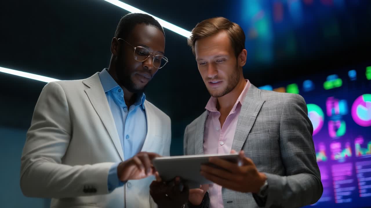 Two professionals analyzing data on a tablet in a modern office. Their focused expressions reflect collaboration and technology usage in a dynamic business environment. The vibrant background offers a glimpse into digital analytics
