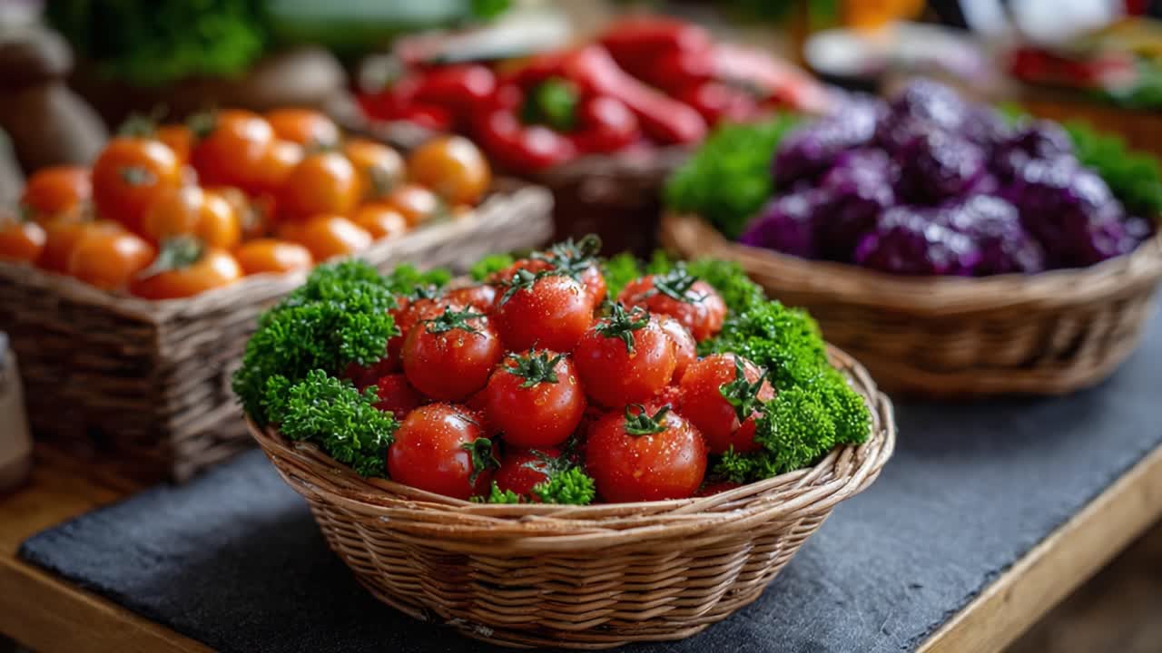 A Vibrant Display of Fresh Produce Featuring Luscious Tomatoes and Colorful Vegetables in a Rustic Market Setting Ready for Culinary Creations