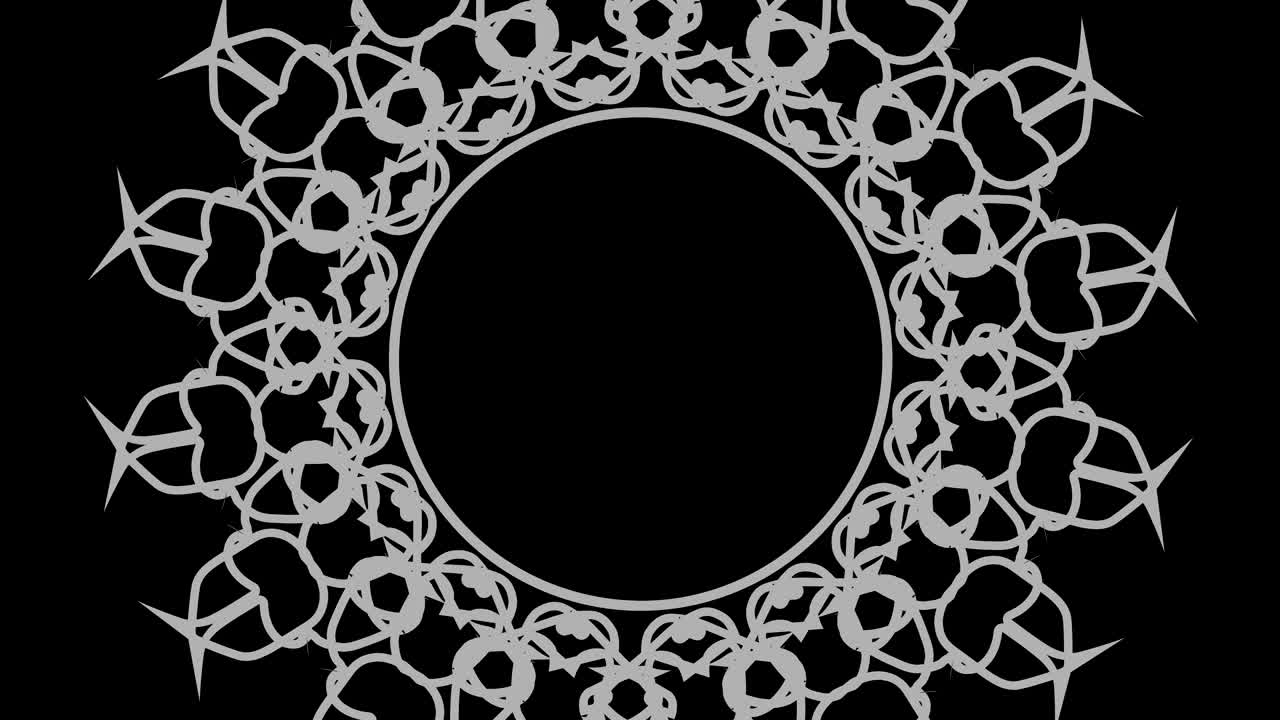 dibujo gráfico en blanco y negro con efecto estroboscópico e hipnótico, mientras gira en el sentido de las agujas del reloj y aumenta de tamaño.