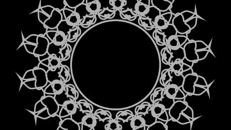 dibujo gráfico en blanco y negro con efecto estroboscópico e hipnótico, mientras gira en el sentido de las agujas del reloj y aumenta de tamaño.