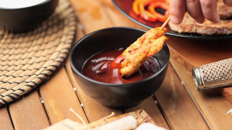Primo piano di un uomo che intinge pollo fritto nella salsa barbecue.
