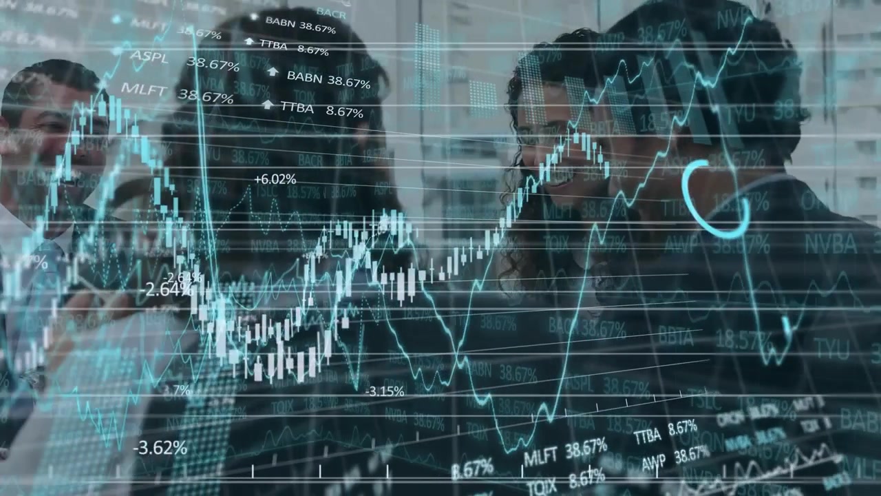 Animation of data processing over diverse business people in office