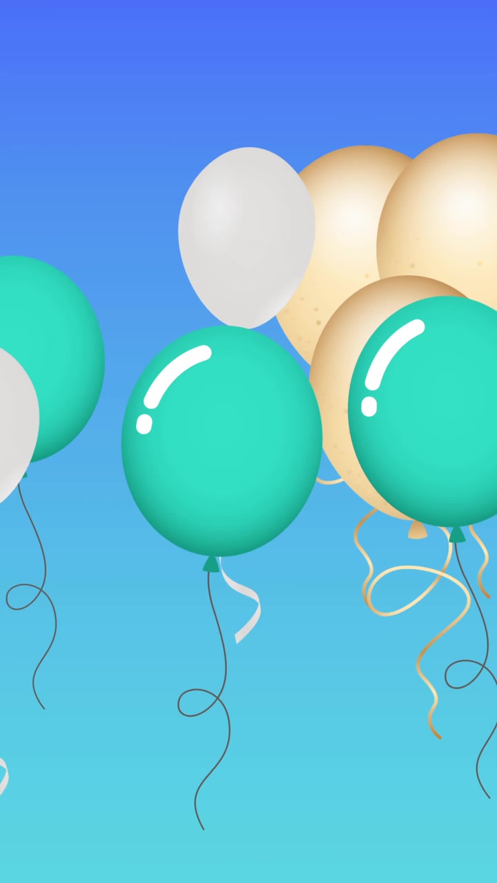 Animazione di palloncini verdi e oro che rimbalzano su sfondo blu.