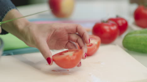 closeup housewife hands cooking vegetable salad. healthy food on kitchen table