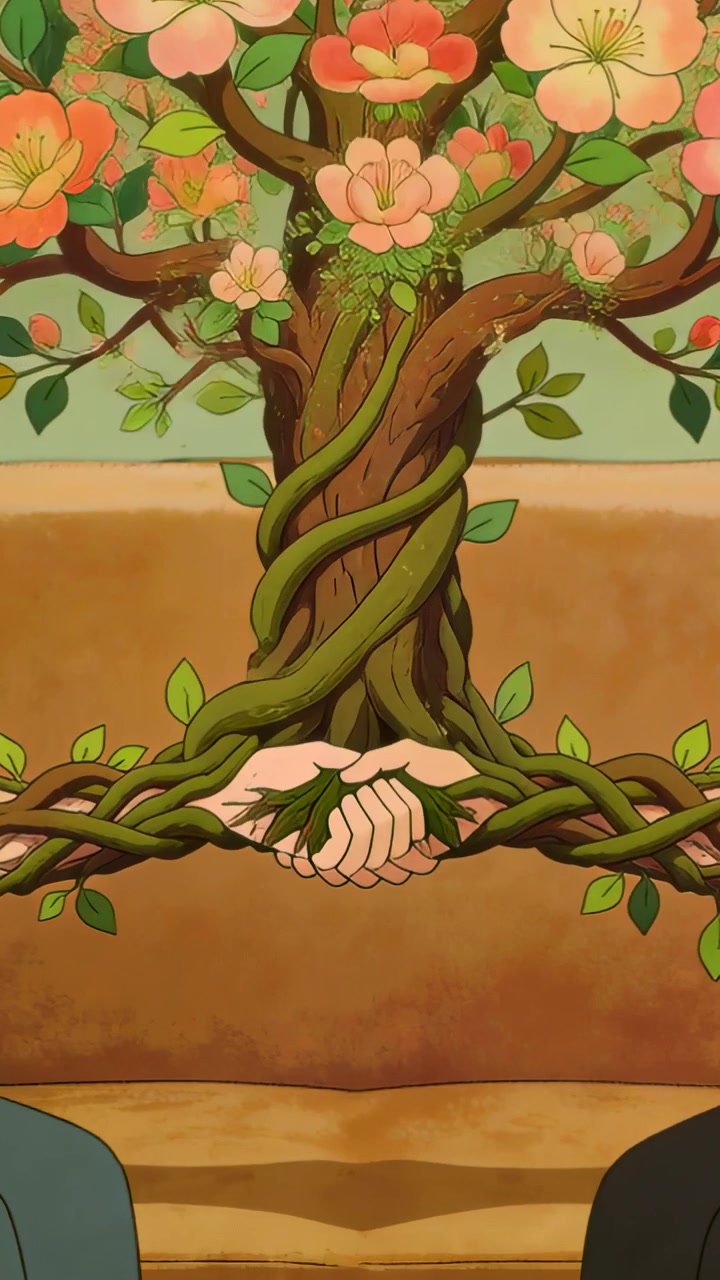 Video verticale: Tronco e viti che crescono e che emergono da mani intrecciate su un murale, mostrando unità e radici.