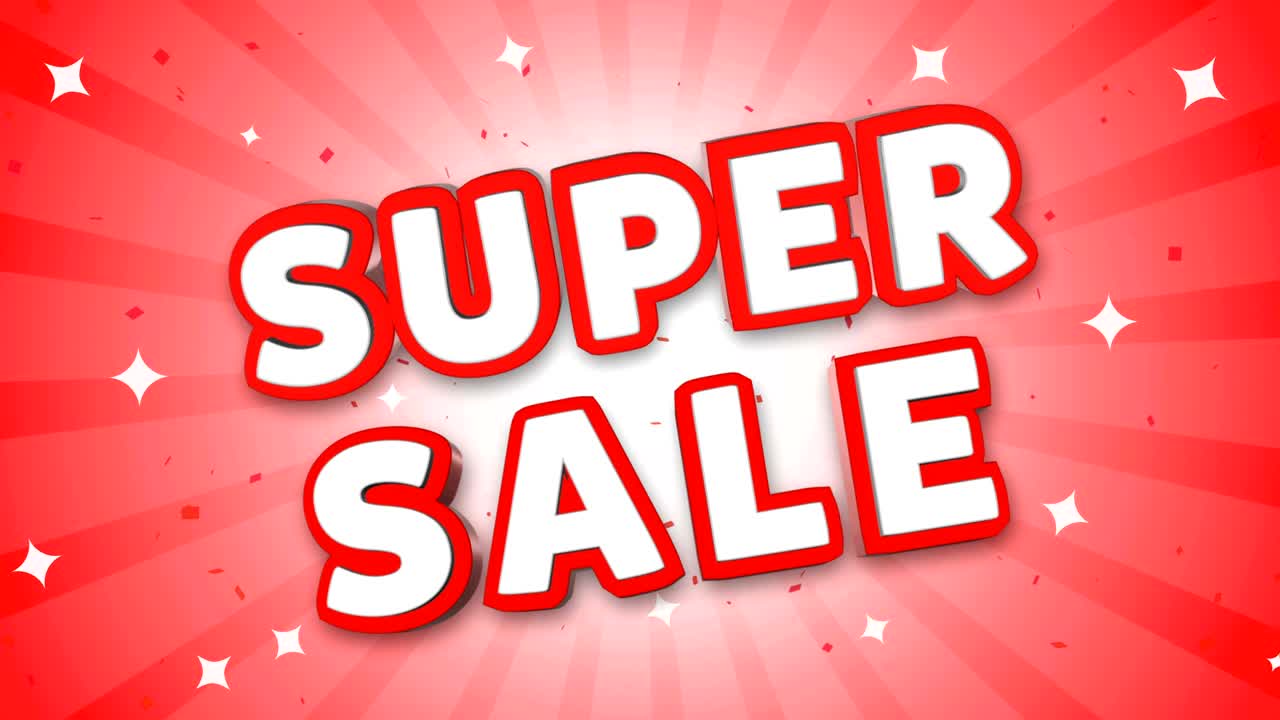 super venta de texto 3d en el fondo de confeti que cae.