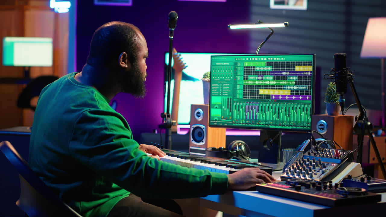 compositor de audio tocando piano teclado electrónico para crear una nueva pista