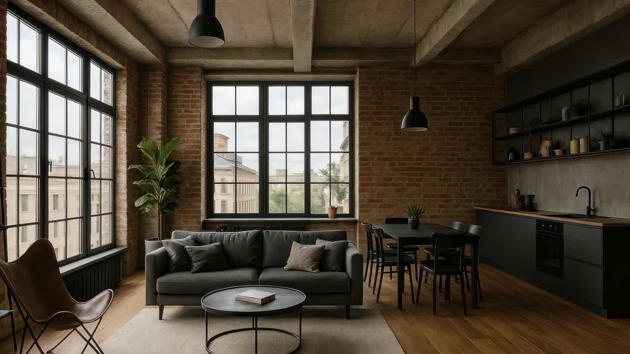 Wide-angle shot of a modern loft with industrial decor, featuring brick walls and large windows