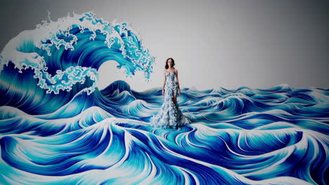 woman in an ocean wave inspired dress amidst stylized blue waves
