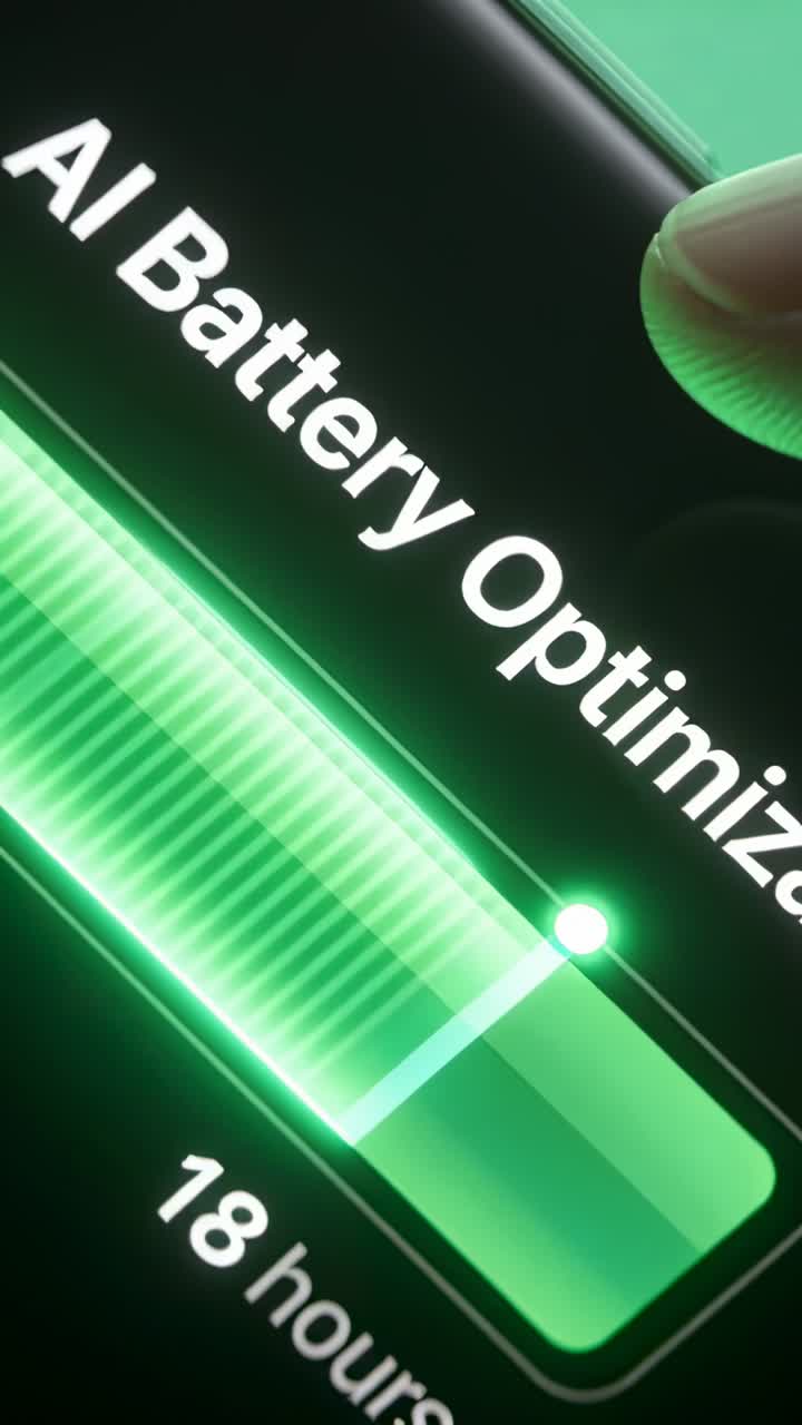 Vertical video: Hand tapping phone starting AI Battery in studio, filling green bar to save power
