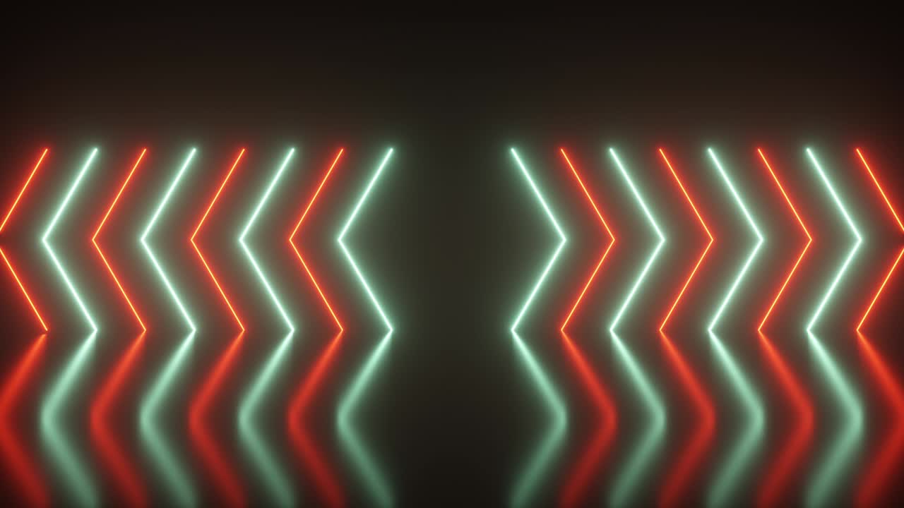 Flashing bright neon arrows light up and go out indicating the direction. Abstract background, laser show. Neon color trends aqua menthe and lush lava light spectrum. Seamless loop 3d render