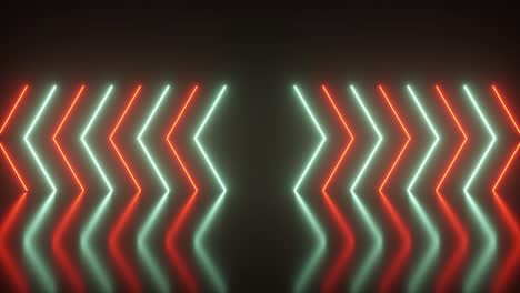 las flechas de neón brillantes parpadeantes se encienden y se apagan indicando la dirección. fondo abstracto, espectáculo de láser. tendencias de color neón aqua menthe y lujoso espectro de luz de lava. bucle 3d sin costuras