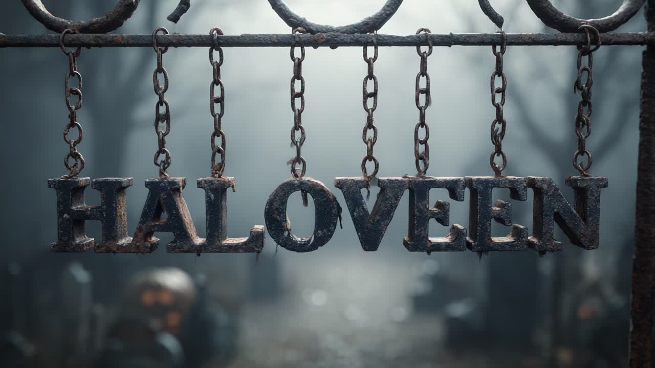 Rusty iron letters forming the word Halloween hanging from old chains on a rusty gate with a dark, foggy, and spooky cemetery in the background, creating a scary and mysterious atmosphere
