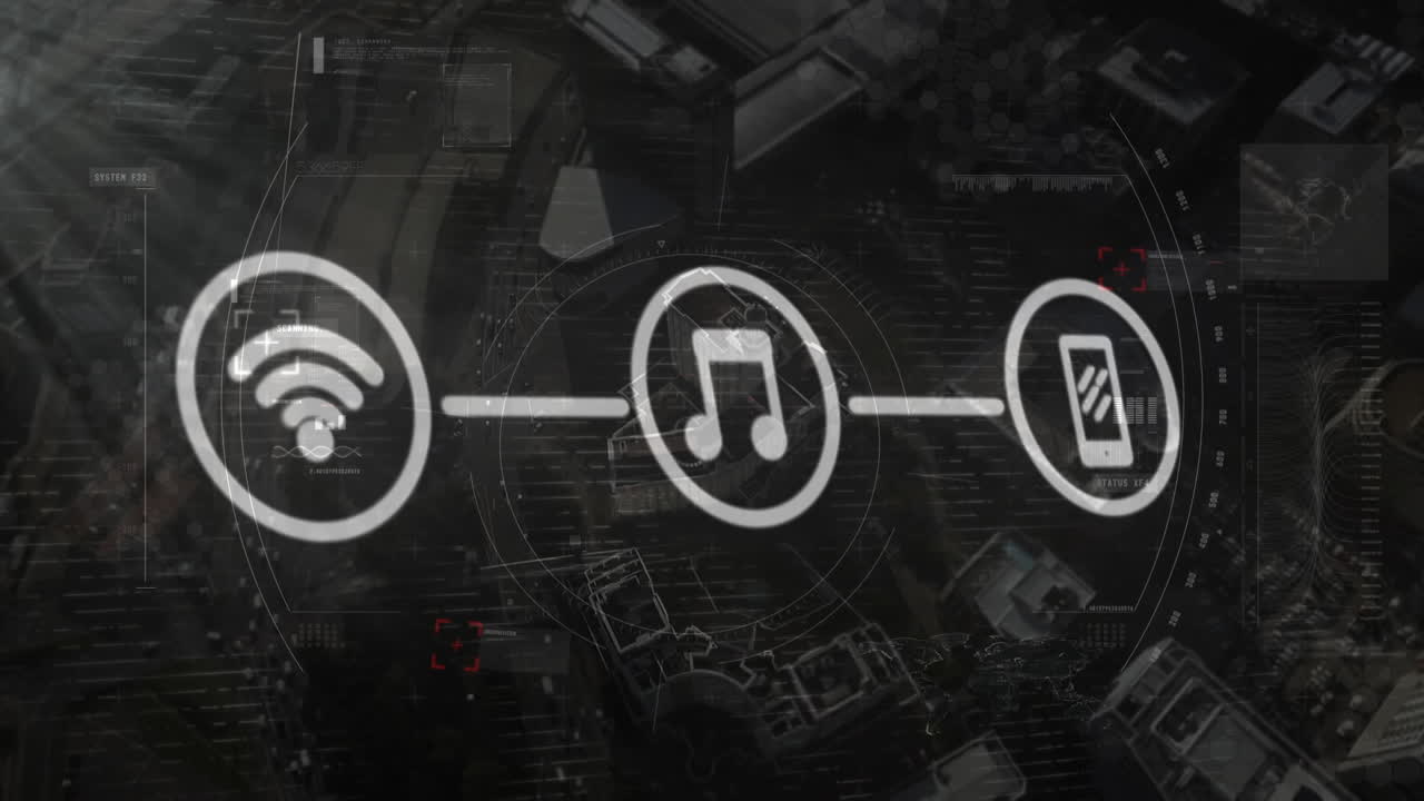 Rete di icone digitali su sfondo di paesaggio urbano.