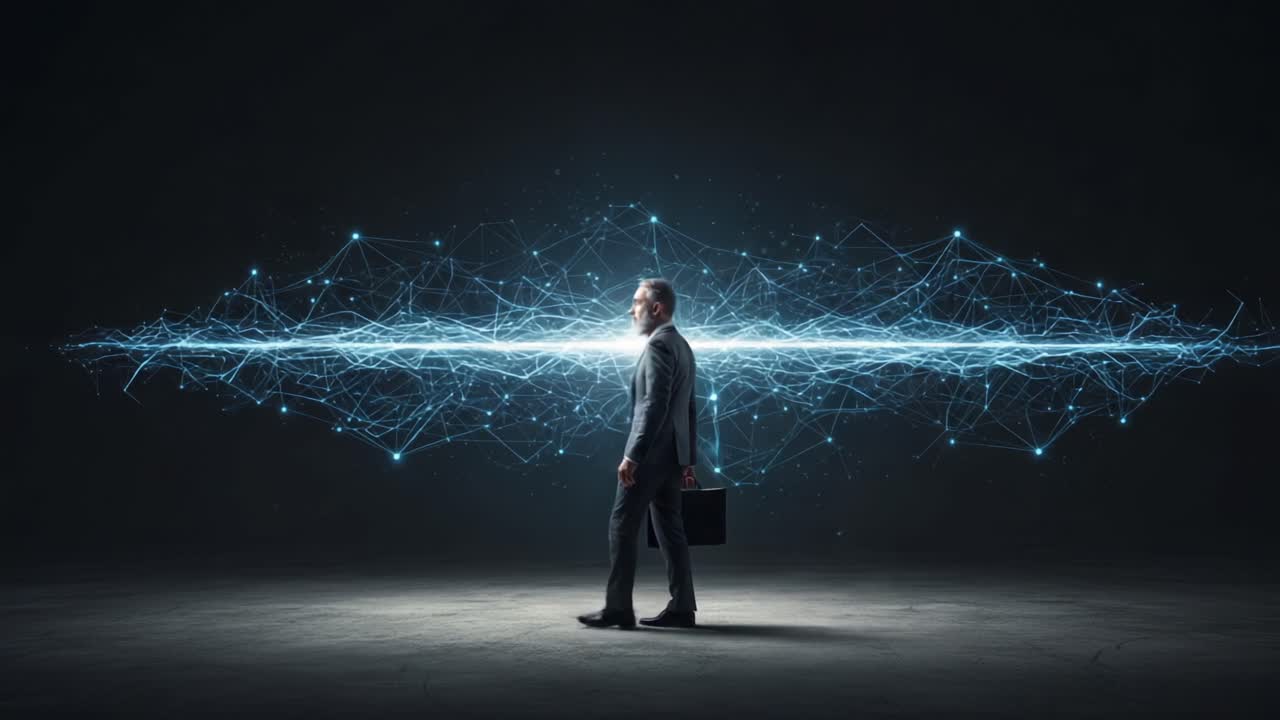 A professional man walks confidently through a digital realm of interconnected light, embodying innovation and the future of technology in a dynamic, abstract landscape
