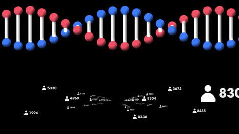 animación de una cadena de adn 3d girando con personas, iconos y números cambiando en un fondo negro