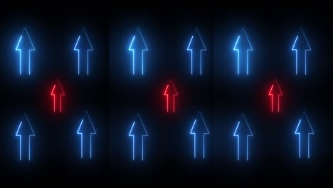 glowing neon blue and red up arrows pattern on black background