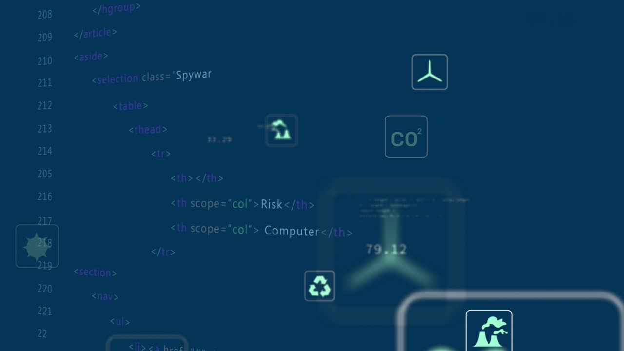 Fading in at start, data icons floating over scrolling cybersecurity, updating metrics to monitor