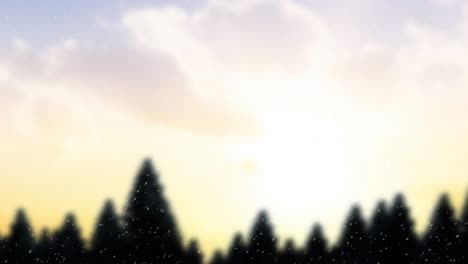 animation of snow falling over christmas winter scenery with fir trees