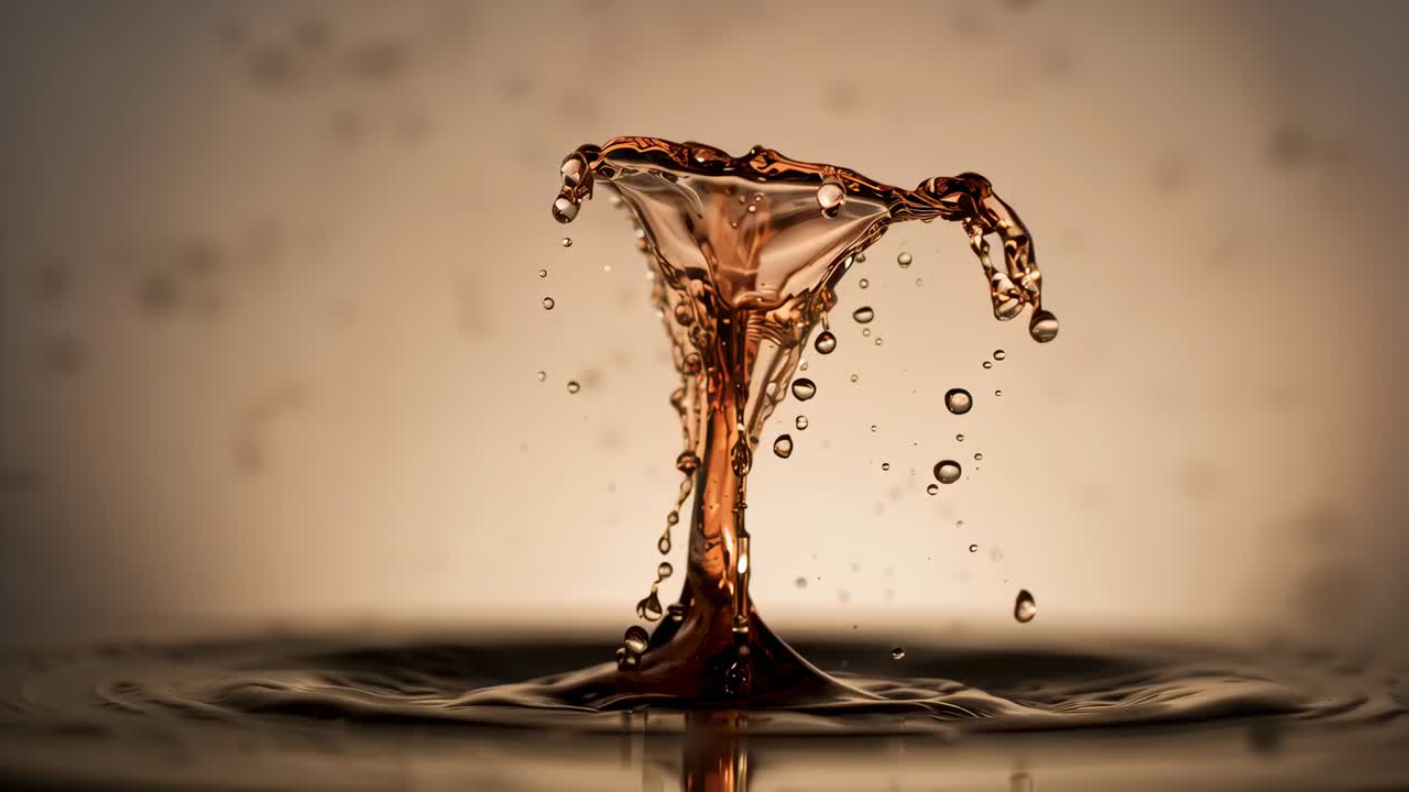 Rising amber liquid column meeting rebound and incoming droplet in basin, forming umbrella canopy