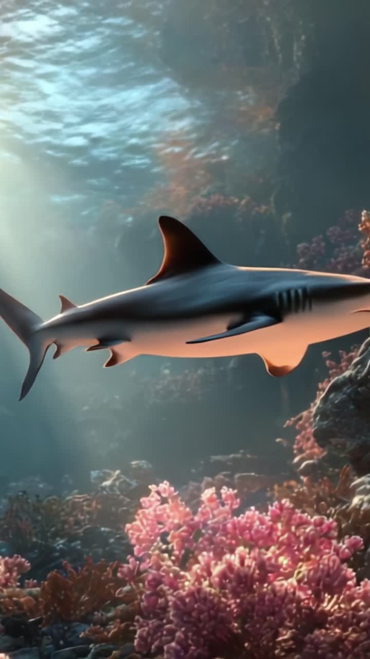 Beneath the Waves: A Majestic Shark Glides Through Vibrant Coral Reefs Illuminated by Rays of Sunlight in a Serene Ocean Environment