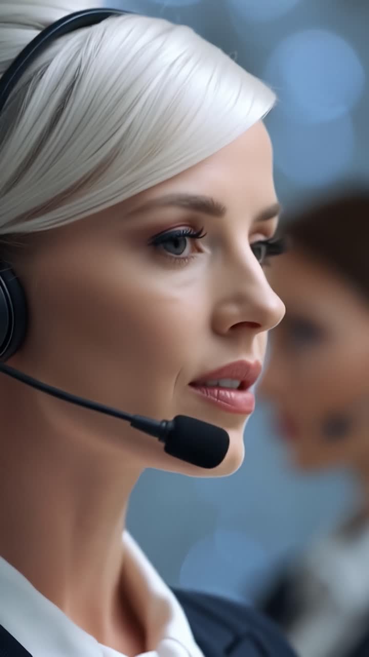 En kvinne med platinablondt hår bruker headset. Hun lytter oppmerksomt, fokusert på samtalen. En profesjonell fremtoning antyder en kundeservicerolle. Klart, skarpt fokus fremhever hennes rolige oppmerksomhet.