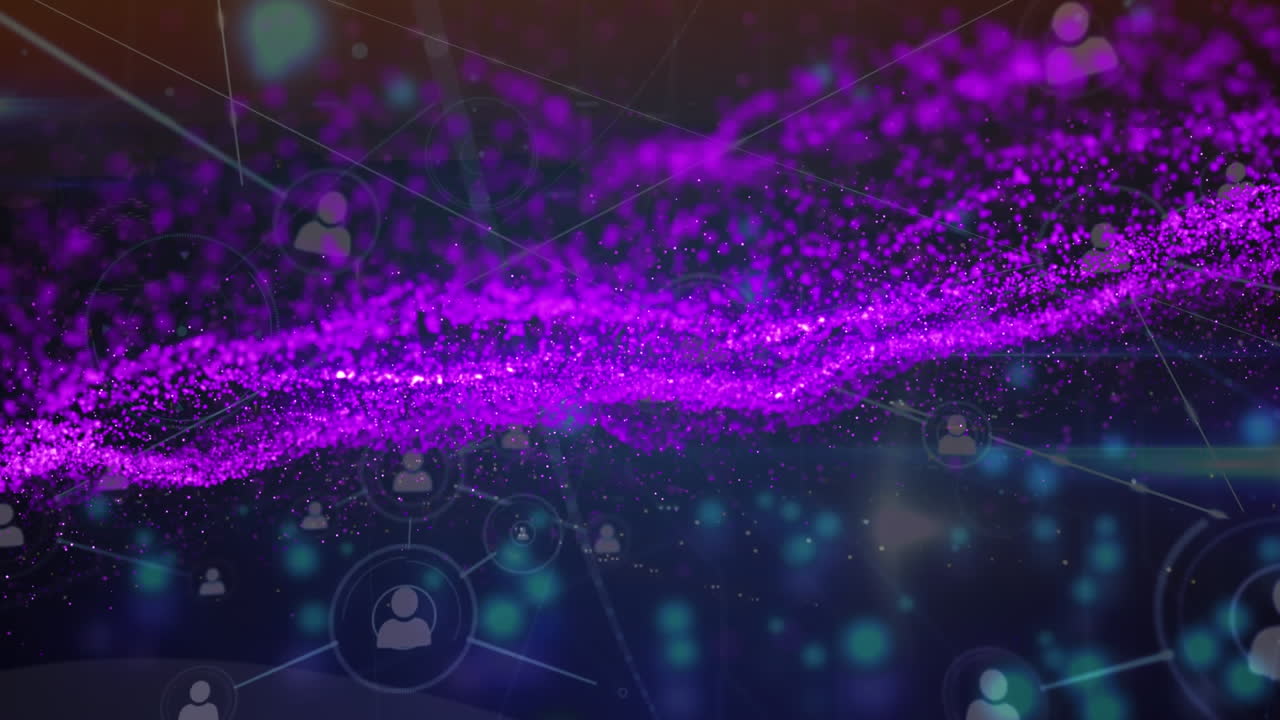 Animation of network of connections with icons and purple mesh on dark blue background