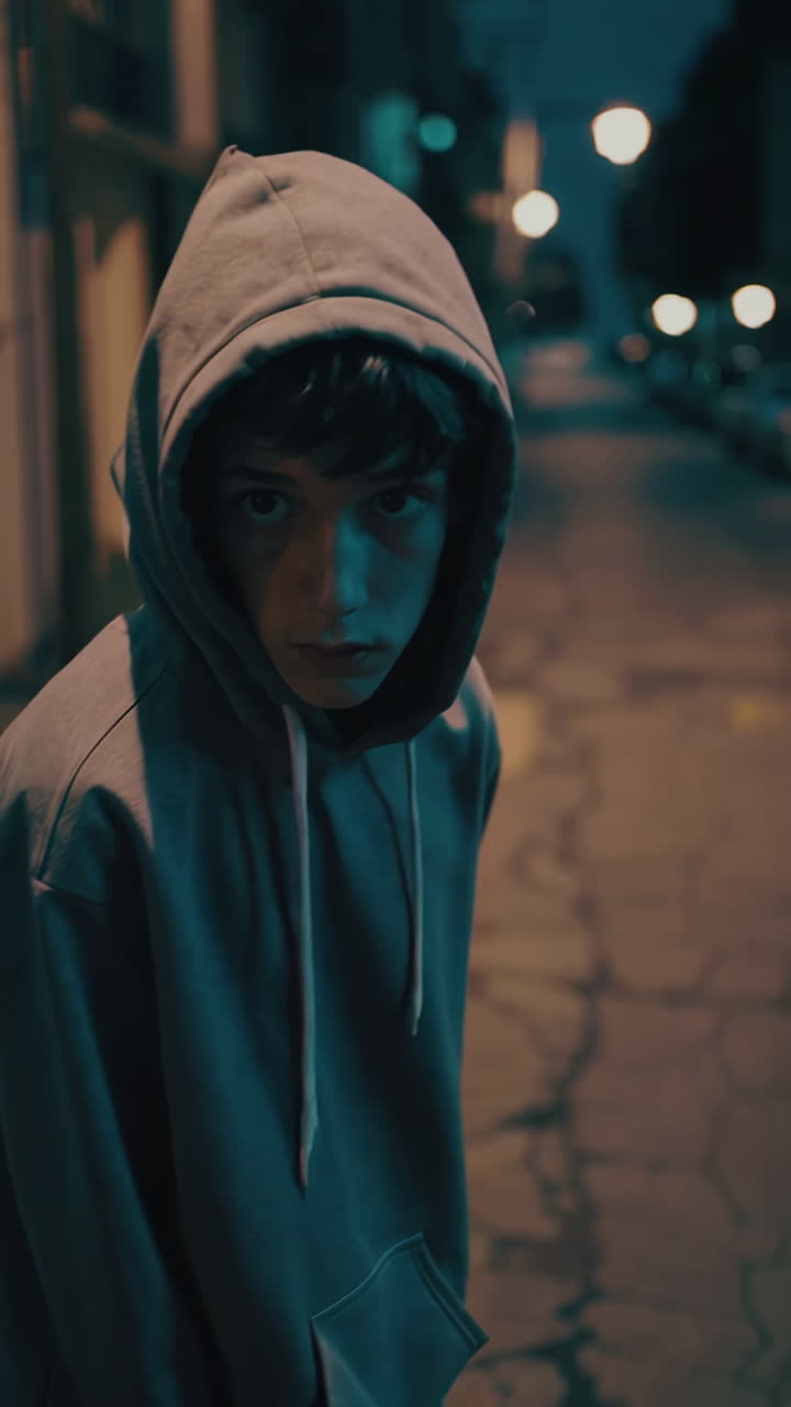 Teenage Boy in a Hoodie at Night