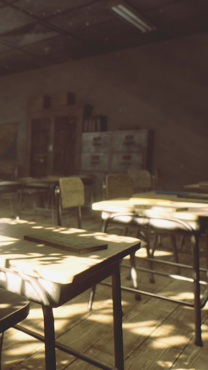 Classroom with empty desks and sunlight in an old school setting