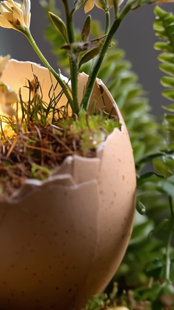 A Beautiful Arrangement of Flowers Growing from a Cracked Eggshell Nestled Amongst Nature's Greenery, Symbolizing New Beginnings and Life's Cycle