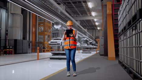 cuerpo lleno de ingeniera femenina asiática con casco de seguridad trabajando en una tableta mientras estaba de pie en la fábrica de automóviles ev