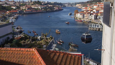 cable car across porto town and douro river in portugal. aerial shot
