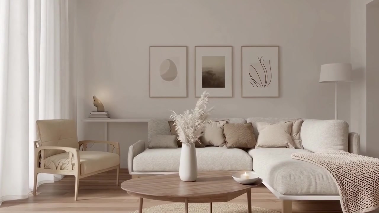 Moderní minimalistický interiér obývacího pokoje s neutrálním dekorem