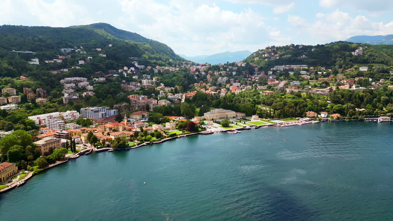 Aerial, drone view of Como, Italy on the shore of Lake Como