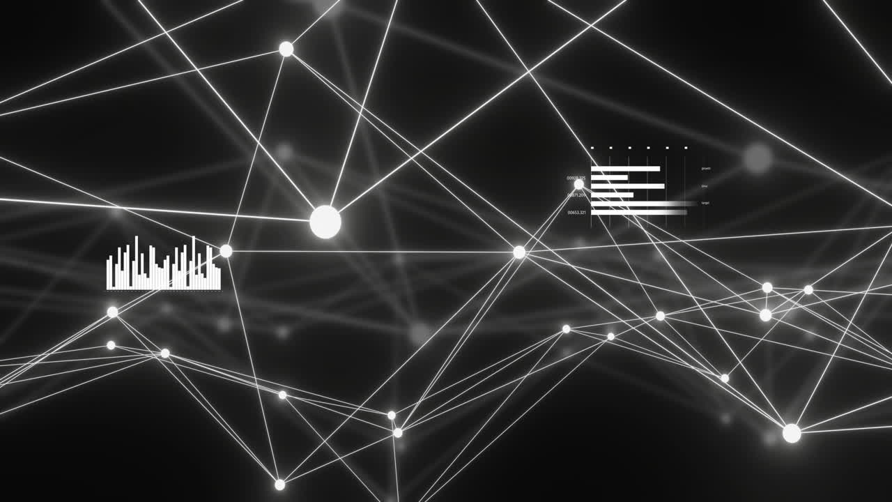 Animation of network of connections with glowing nodes over black background